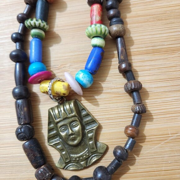 Hand Crafted Necklace King Tut Charm 2 Strands Brown Blue Beads - Picture 5 of 6